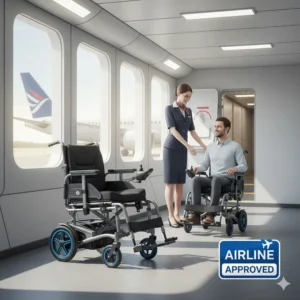 Illustration of a travel-friendly electric wheelchair with an airline approved badge near a plane silhouette.