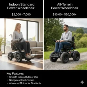 Illustration of an all-terrain power wheelchair with large knobby tires for outdoor use.