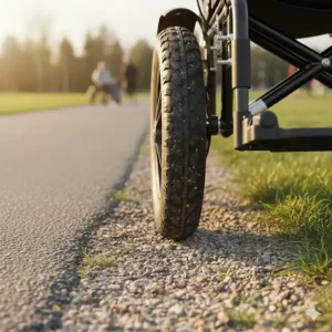Close-up of durable, puncture-proof tires on an electric wheelchair designed for seniors to use on gravel and grass.