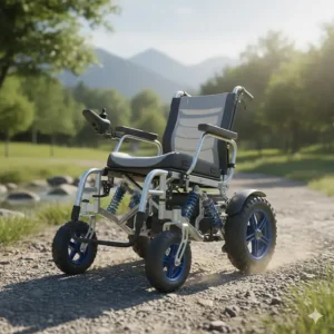 Detailed view of shock-absorbing wheels on a lightweight electric wheelchair for smooth outdoor travel.