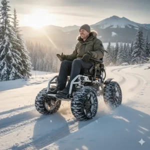 Illustration of a power wheelchair with specialized tracks navigating through light snow and ice.