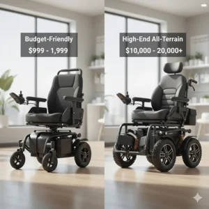 Illustration comparing a budget-friendly electric wheelchair with a high-end model featuring specialized suspension.