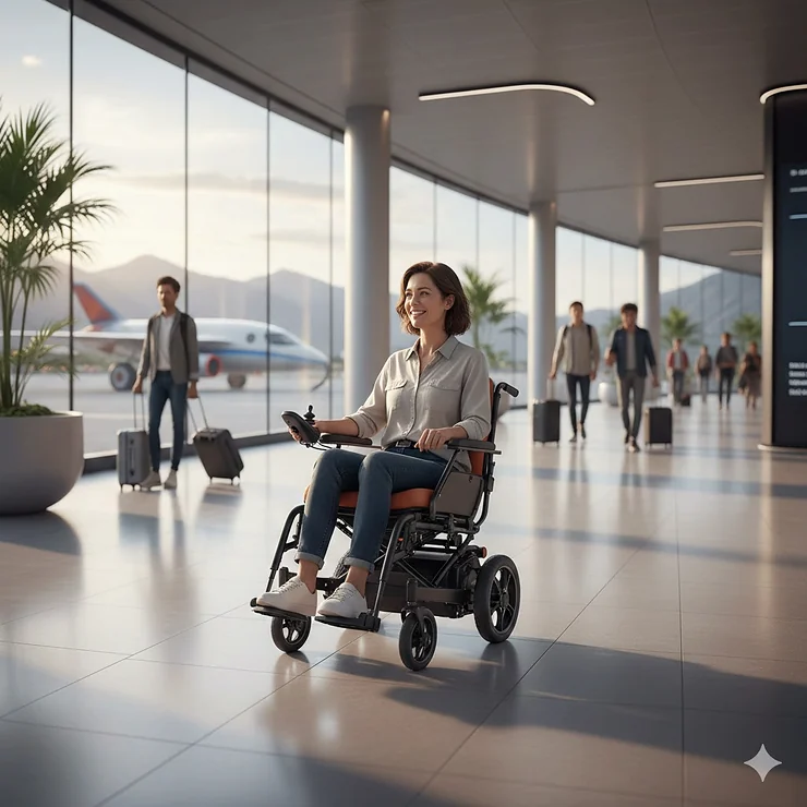 A lightweight compact electric wheelchair being driven through a modern airport terminal.