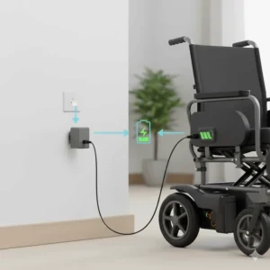 Diagram showing how to connect a battery charger to a standard power wheelchair port.