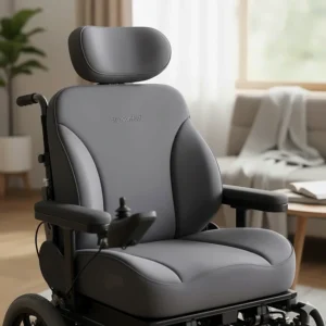 Diagram highlighting the padded memory foam seat and adjustable backrest of an electric wheelchair for seniors.