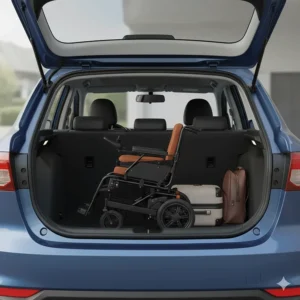 A compact electric wheelchair folded and fitting easily into the trunk of a small sedan.