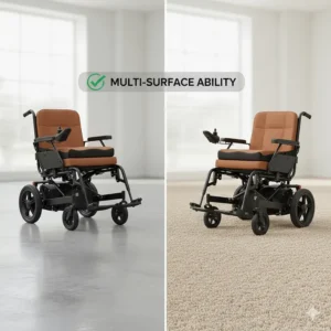 Illustration of a compact electric wheelchair driving over smooth pavement and low-profile carpet.