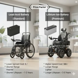 Infographic showing how lithium-ion vs. lead-acid batteries affect the total electric wheelchair price.