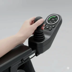 Detailed view of the ergonomic joystick controller on a compact power wheelchair.