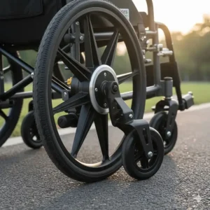 Illustration of the rear anti-tip wheels and braking system on a high-safety electric wheelchair for seniors.