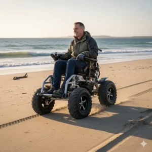 Illustration of a motorized all terrain wheelchair driving across a sandy beach near the ocean.