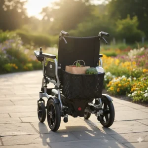 Illustration of an electric wheelchair for seniors equipped with an under-seat storage basket for groceries.