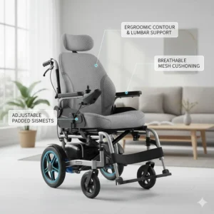 An illustration highlighting the breathable mesh seat and ergonomic backrest of a lightweight electric wheelchair.