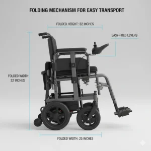 Graphic showing the folded dimensions of a heavy-duty electric wheelchair for easy transport and vehicle storage.