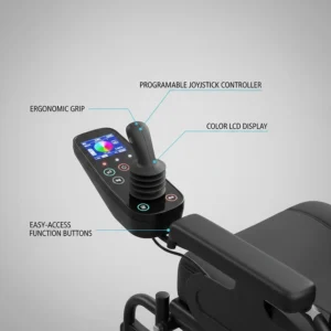 Close-up illustration of a programmable joystick controller used to operate a heavy-duty electric wheelchair with ease.