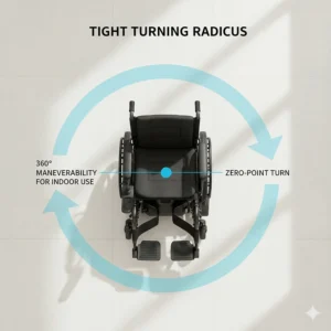 A top-view diagram illustrating the tight turning radius of a heavy-duty power chair for indoor maneuverability.