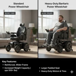 Illustration of a bariatric electric wheelchair with a reinforced frame and high weight capacity.