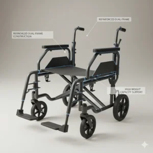 An illustration highlighting the reinforced dual-frame construction of a heavy-duty power wheelchair capable of supporting high weight capacities.