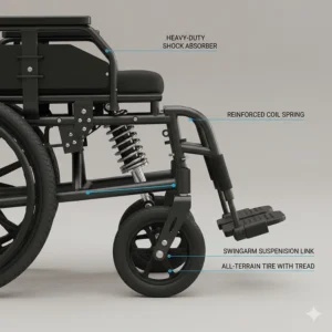 Illustration of the heavy-duty suspension system designed to absorb shock on uneven outdoor surfaces.