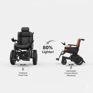 Graphic comparing the weight of a traditional power chair vs. a lightweight compact electric wheelchair.