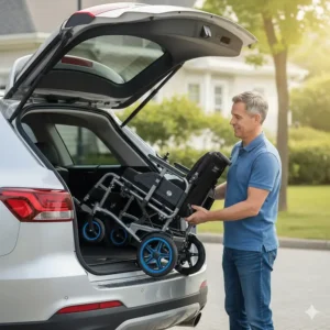A person easily lifting a lightweight power wheelchair into a car trunk, highlighting its low weight.