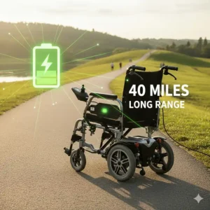 Graphic showing a fully charged battery icon next to an electric wheelchair, symbolizing long-distance travel capabilities.