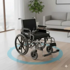 Illustration showing the turning radius of a mid-wheel drive power wheelchair for indoor use.