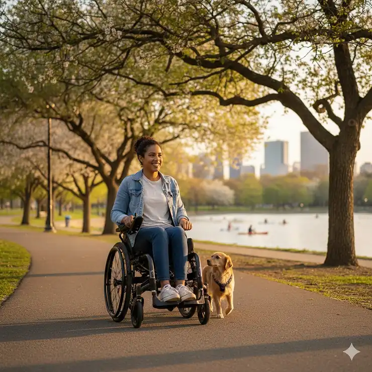 A person using a modern electric power wheelchair on a paved park path during the day.