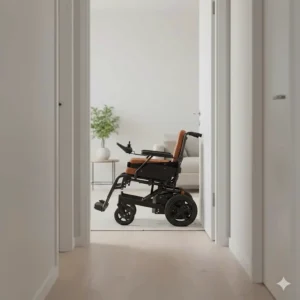 Illustration of a compact electric wheelchair easily navigating a narrow hallway and doorway.
