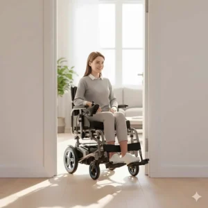 A lightweight electric wheelchair navigating through a narrow doorway in a home setting to show maneuverability.
