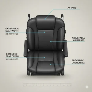 Diagram showing the extra-wide seat width and depth options available for bariatric heavy-duty electric wheelchairs.