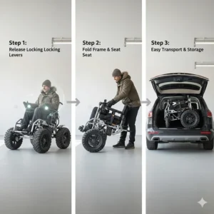 Step-by-step illustration showing how an all terrain electric wheelchair folds for transport in a car trunk.