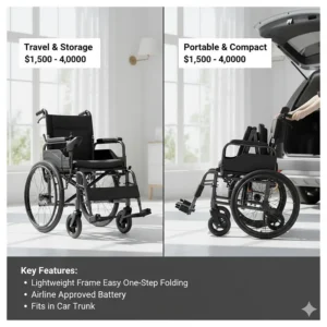 Illustration of a lightweight folding electric wheelchair designed for travel and easy storage.