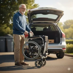 Illustration showing a lightweight electric wheelchair for seniors folding into a compact shape for easy car trunk storage.