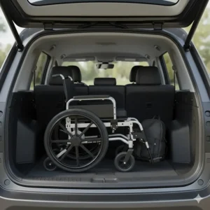 A lightweight folding power wheelchair collapsed for easy transport in a car trunk.