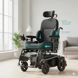 Illustration of a power wheelchair with adjustable headrest and pressure-relief seat cushioning.