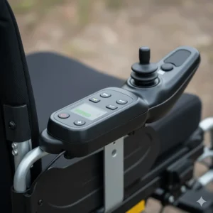 Close-up illustration of a power wheelchair joystick controller with speed and battery indicators.