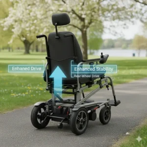 Illustration of a rear-wheel drive power wheelchair highlighting stability for outdoor travel.