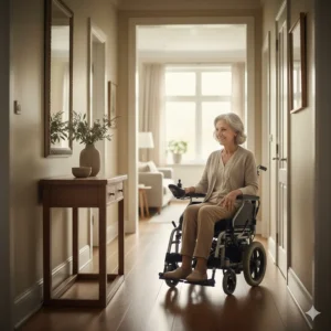 Digital drawing of a compact electric wheelchair for seniors navigating easily through a narrow hallway at home.