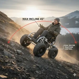A technical drawing showing the maximum climbing degree of a robust all terrain electric wheelchair.