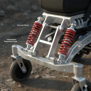 Diagram of an independent suspension system on an all terrain electric wheelchair for a smooth ride.