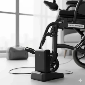 Close-up of a removable lithium-ion battery on the lightest electric wheelchair model, labeled as airline-safe.
