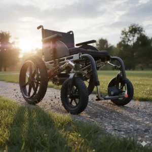 Illustration of a fast electric wheelchair navigating grass and gravel surfaces easily.