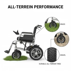 Heavy-duty rear tires of an automatic folding electric wheelchair designed for grass and gravel.