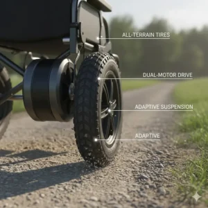 Illustration of heavy-duty wheels on a long-range electric wheelchair traversing a gravel surface.