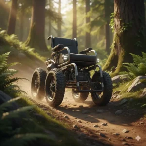 A rugged electric wheelchair with thick treads designed by specialist brands for outdoor and off-road use.