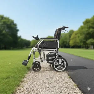 Illustration of dual-motor rear wheels on a lightweight wheelchair navigating across grass, gravel, and pavement.