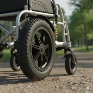 Detailed view of heavy-duty rear tires and front casters on an all-terrain foldable power wheelchair.