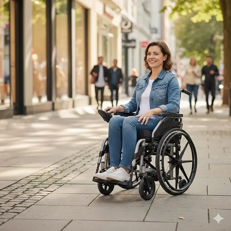 A person using a lightweight automatic folding electric wheelchair on a paved city sidewalk.
