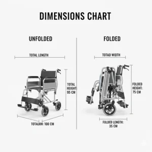 Infographic showing the unfolded and folded dimensions of a compact automatic electric wheelchair.